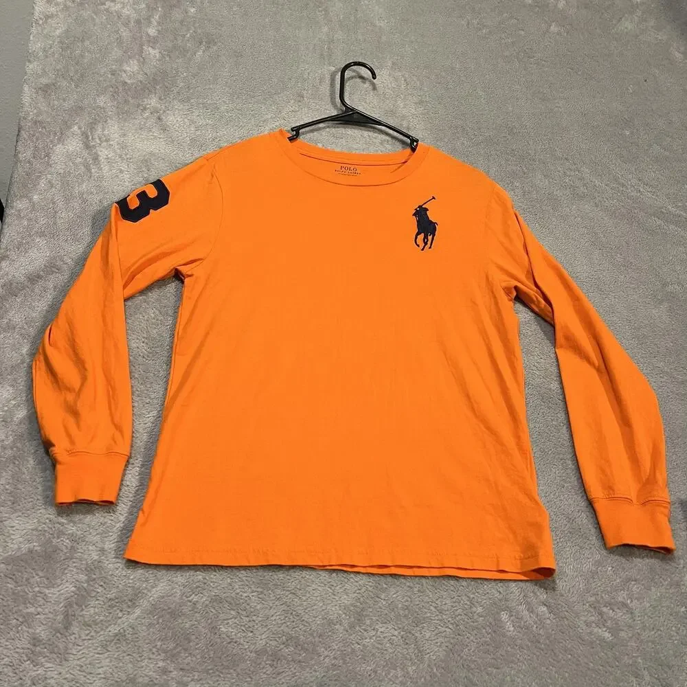 Polo Ralph Lauren Shirt Boys Large 14/16 Orange Long Sleeve Big Pony 3 Logo
